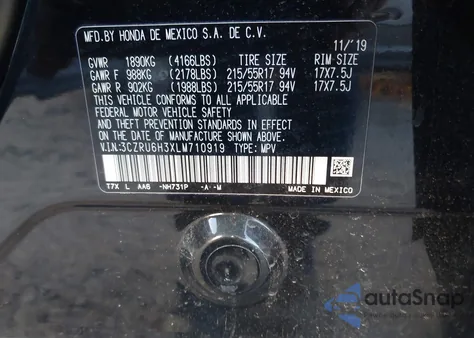 2020 Honda Hr-V Awd Lx from USA, damaged, VIN 3CZRU6H3XLM710919
